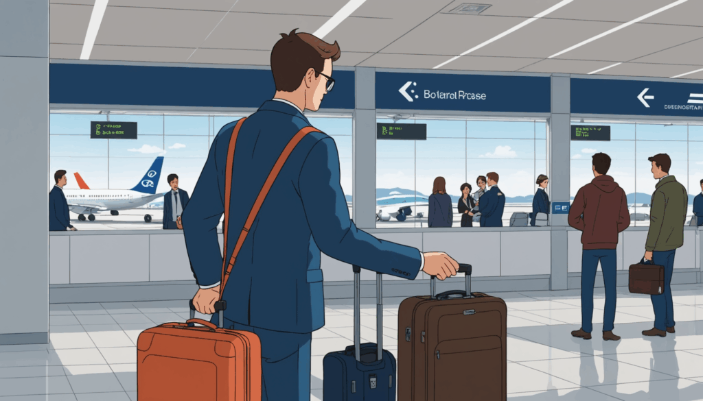 空港でスーツケースを持った旅行者が搭乗券を見つめる様子。背景には飛行機があり、出発の準備をしている。