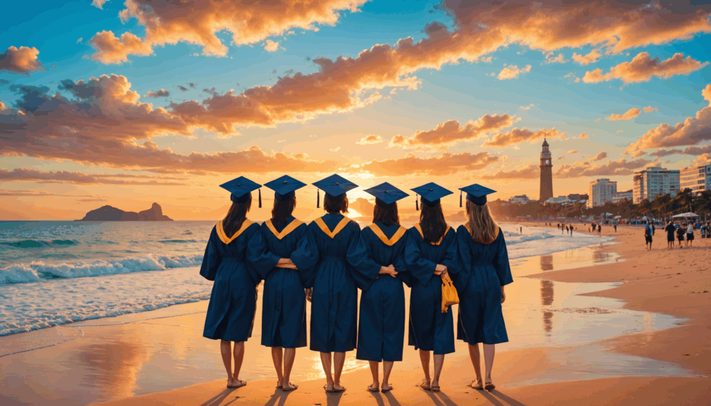 友達と一緒にビーチで夕日を楽しむ卒業旅行のシーン。背景には文化的なランドマークが見え、思い出に残る旅行先の雰囲気を表現しています。