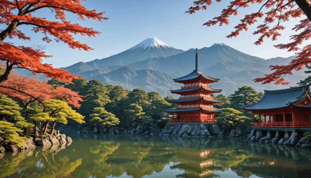 日本の風景写真。文化遺産である寺院や山々、伝統的な建築が調和した美しい自然遺産を表現している。