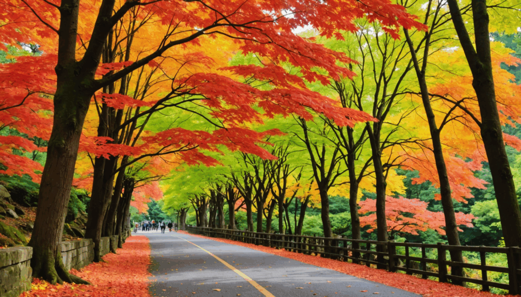 日本の紅葉の風景。色鮮やかな紅葉や銀杏の木々が並び、静かなハイキングコースと温泉が背景に広がる秋のおすすめスポット。