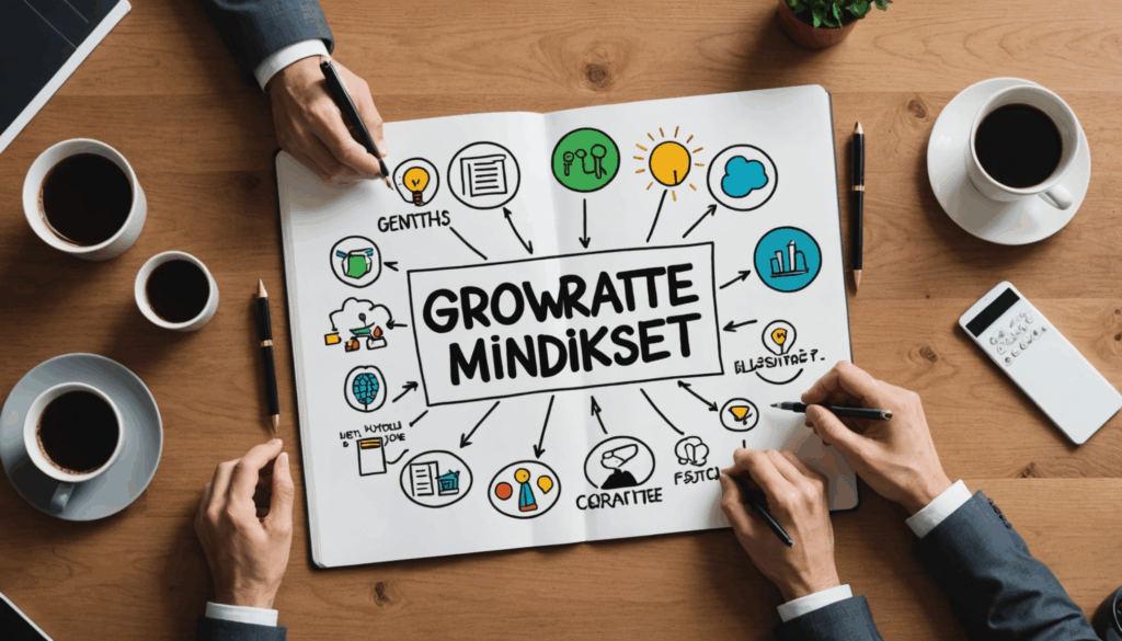 ビジネスの文脈で成長型マインドセットを表現した画像。柔軟性や協力、挑戦を受け入れる様子が描かれている。