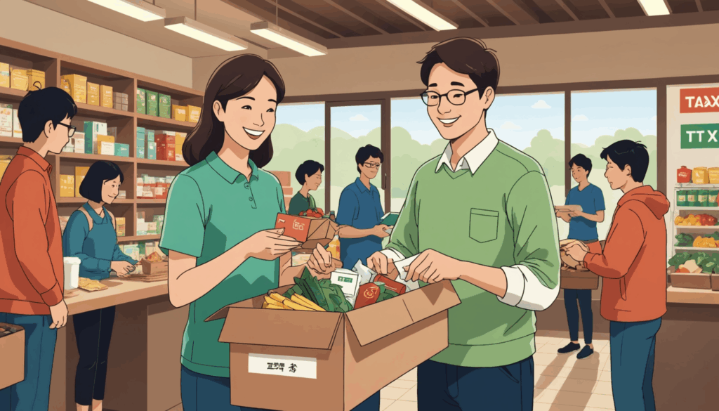 地域の特産品を通じて、ふるさと納税で自治体に寄附している人のイラスト。税金の控除や節税の方法を感じさせる温かい雰囲気