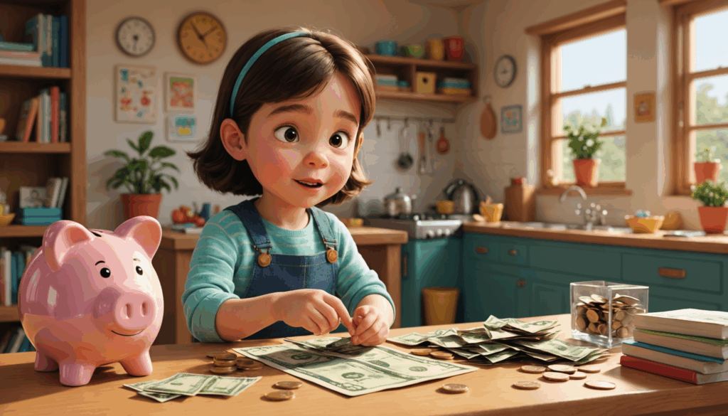 家庭の中でお金の管理を学ぶ子どものイラスト。貯め方や使い方を楽しく学ぶ様子が描かれています。