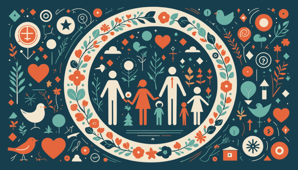 結婚や出産、住宅購入、独立を象徴する抽象的なイラストで、保険の見直しやライフステージの変化を表現しています。