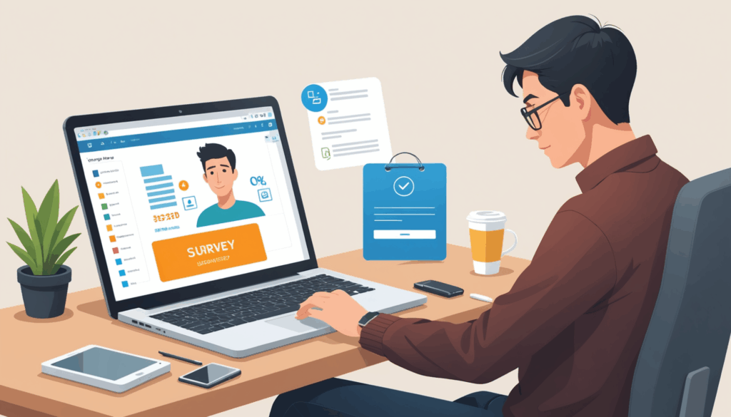 オンラインショッピングやアンケートに参加してポイントを貯める様子を描いたイラスト。ポイ活の方法やおすすめアプリの利用が表現されています