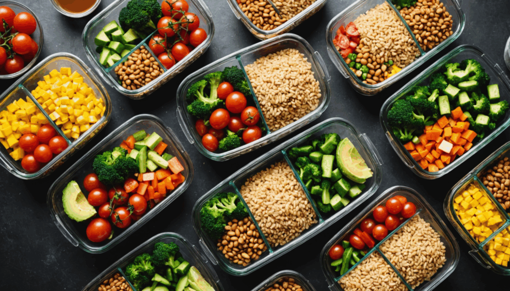 色とりどりの健康的な作り置きおかずがガラス容器に整然と並び、背景には清潔なキッチンが映る様子。栄養バランスの取れた常備菜のレシピを簡単に作るためのアイデアが詰まっています。