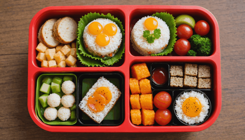 2歳の子ども向けのカラフルなお弁当箱の写真。おにぎりやサンドイッチ、食べやすいおかずが栄養バランスよく並んでいる様子