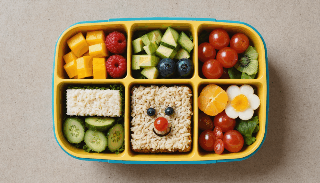 3歳の子ども向けのカラフルなお弁当の写真。食べやすいサイズのおかずや遊び心のある形が特徴で、明るいテーブルに置かれている様子