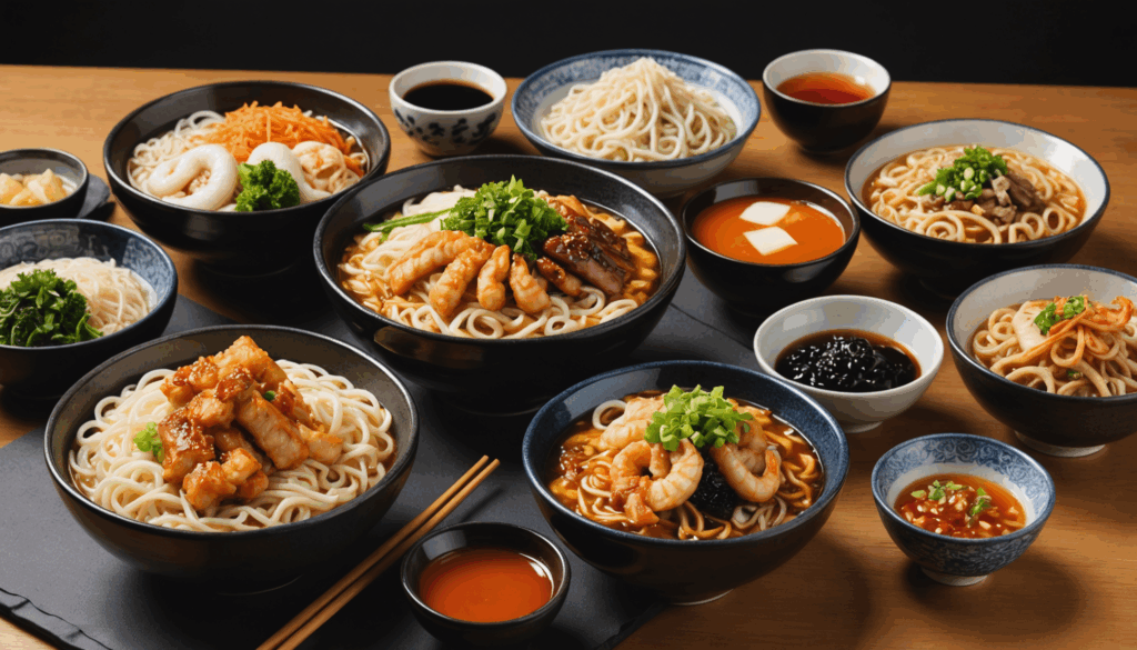 群馬県のご当地グルメを紹介する写真。うどんやB級グルメ、伝統的な駅弁、地元の特産品やスイーツが美しい自然の中に並んでいる様子