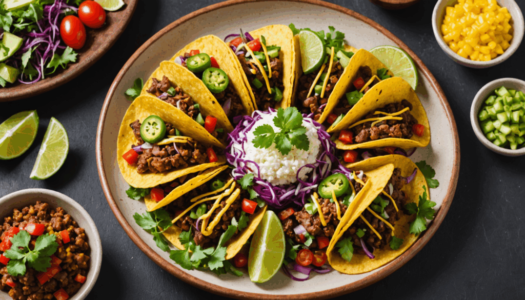 沖縄の食材を使ったカラフルなタコスの写真。健康的で視覚的に魅力的な盛り付けが特徴のタコス料理。