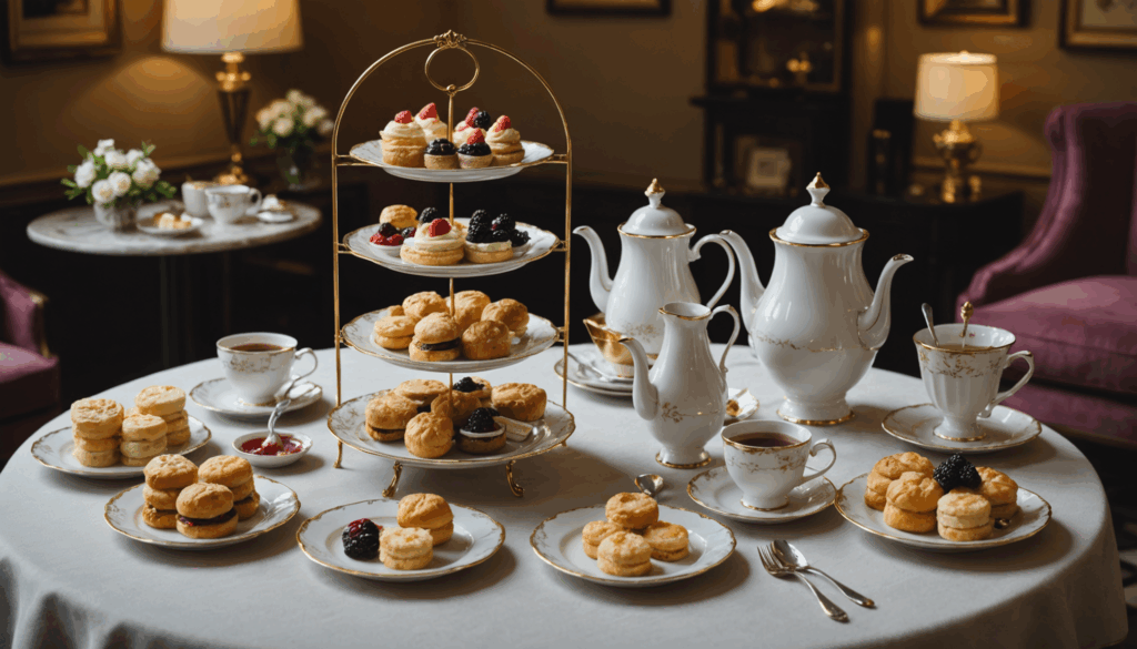 豪華なカフェでのアフタヌーンティーの写真。美しく盛り付けられたスコーン、セイボリー、デザートが tiered stand に並び、贅沢なひとときを楽しむ様子