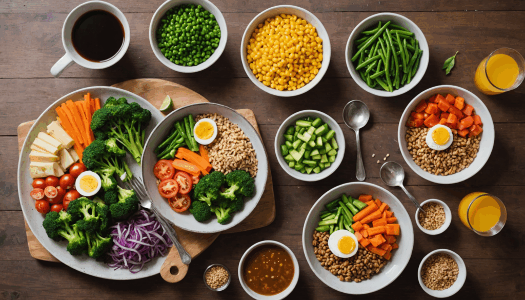 色とりどりの野菜やたんぱく質源、主食が美しく盛り付けられた健康的な食事の写真。栄養バランスを考えた食生活を意識した献立の一例。