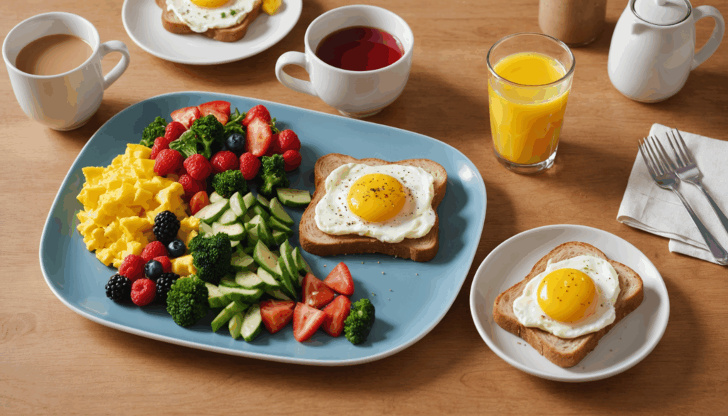 カラフルなトースト、スクランブルエッグ、フルーツヨーグルトが美しく盛り付けられた朝ごはんのシーン。明るいキッチンテーブルで、視覚的に魅力的な料理が楽しめる。