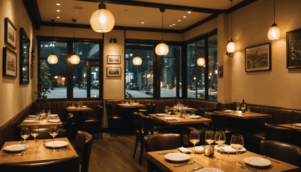 温かみのある飲食店のシーン。美しくセッティングされたテーブルに美味しい料理が並び、幸せそうなユーザーが食事を楽しんでいる様子。グルメサイトでの予約やおすすめポイントも魅力的。