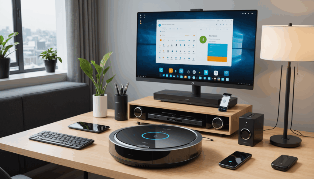 スマートホームガジェットが便利さを高める様子。ロボット掃除機や快適なデスクセットアップ、ワイヤレスイヤホン、モバイルバッテリーが映る