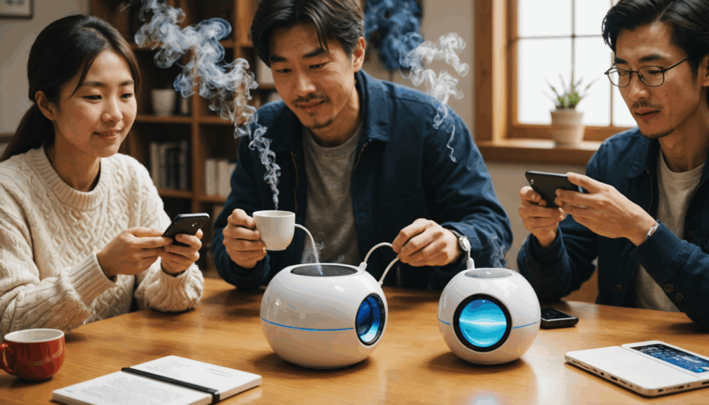 ユニークで面白いガジェットの写真。日本の人々が、スマートな設計のUSB加湿器やBluetoothスピーカーを使っている様子。自宅の居心地の良い室内での体験を表現。