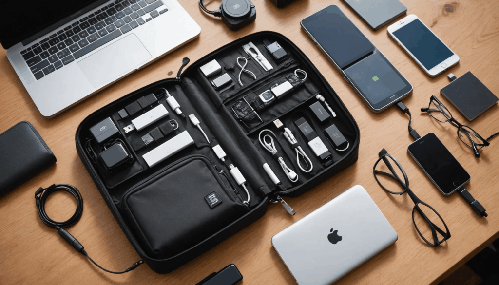 スタイリッシュなガジェットポーチと、それに囲まれた充電器やケーブル、SDカードなどのアクセサリーの写真。旅行やビジネスでの収納や使いやすさを強調したデザイン。