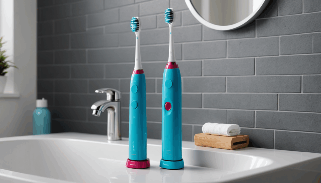 洗練されたデザインの電動歯ブラシが、明るいバスルームでその先進的な機能を強調している写真。歯垢除去に効果的なおすすめアイテムです。
