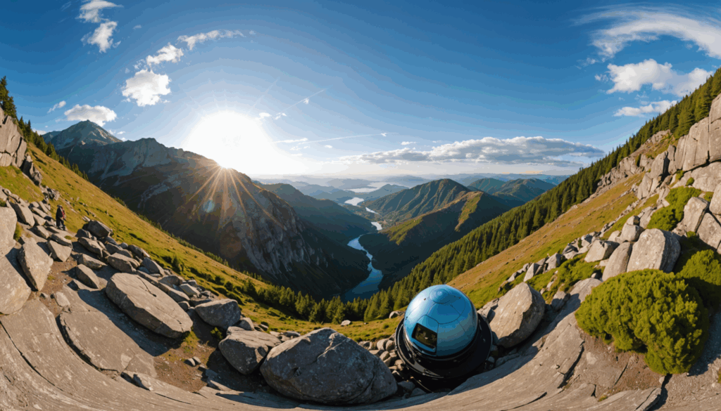 360度カメラを使用している人物が、アウトドアで美しい風景や冒険的なアクティビティを撮影している様子。手ブレ補正や高解像度での撮影が際立つシーン。