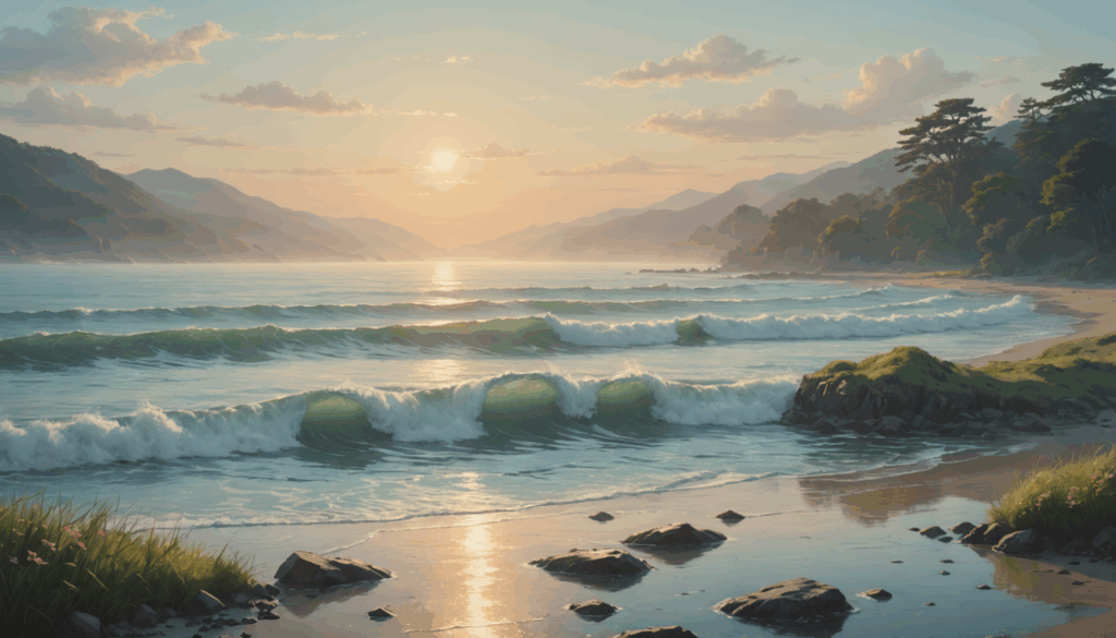 前世療法を象徴する幻想的な風景。穏やかな光と優しい波が、思い出の抽象的な表現を映し出している様子。