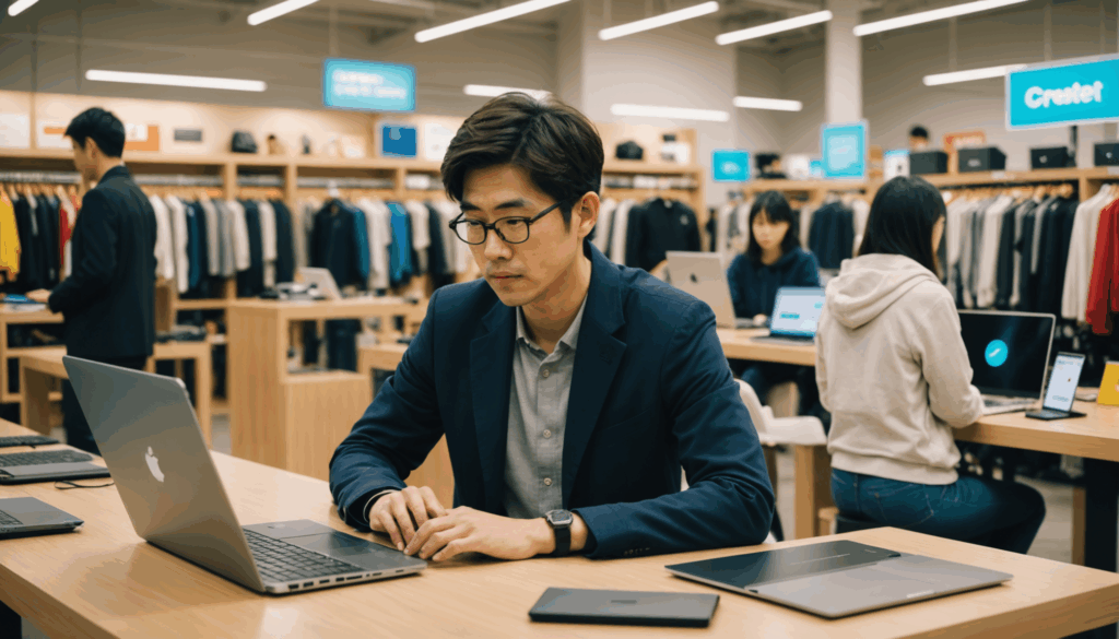 軽量ノートパソコンを選ぶ日本人の男性が、アウトレットストアでさまざまなモデルを見つめている様子。高性能なスペックやデザインを考慮しながら、賢い買い物を楽しんでいる。