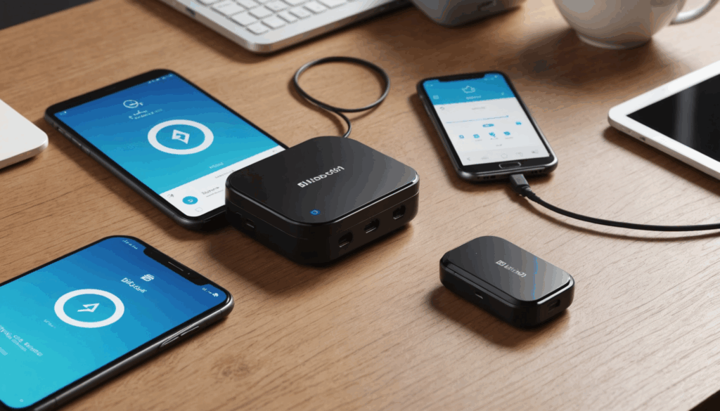 BluetoothアダプタがさまざまなBluetooth機器にワイヤレス接続している様子を描いた画像。デジタルライフを便利にする高音質で安定した接続を強調。