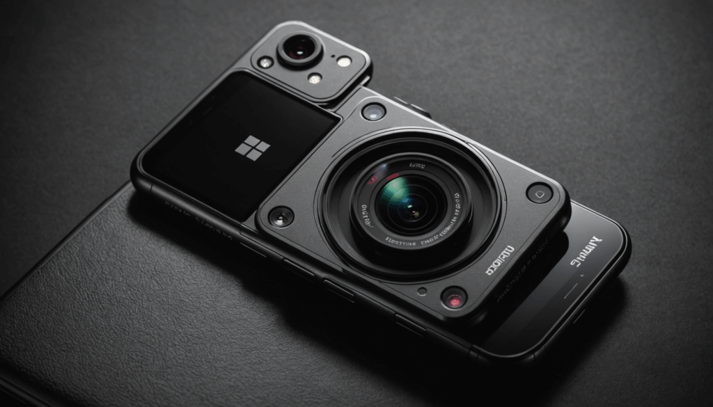 スマホのカメラ機能を紹介する画像で、高画素数や低F値による暗所撮影の性能、多様なレンズを使った撮影オプションが強調されています。