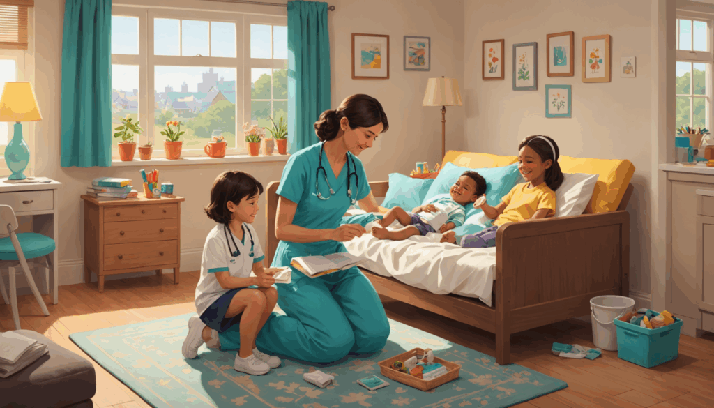 病児保育とベビーシッターが、体調不良のお子さまを優しくサポートし、元気なお子さまと楽しく遊ぶ様子を描いたイラスト