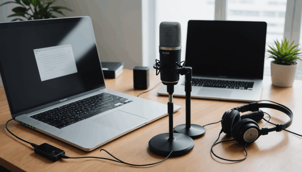 デスクに置かれたエレコムのUSB接続スタンドマイクの写真。高音質でクリアな音声を提供し、オンライン会議や音楽制作におすすめの環境を整えている様子。