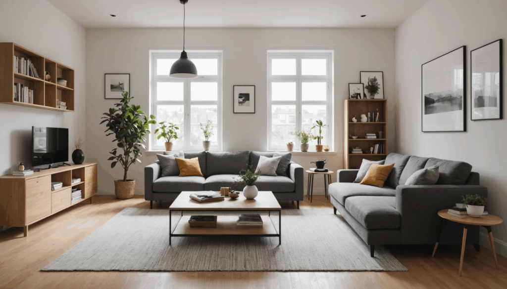 スッキリとしたミニマリストのリビングルームの写真。断捨離を進め、不要な物を捨てて整理された空間が心の安らぎを表現しています。