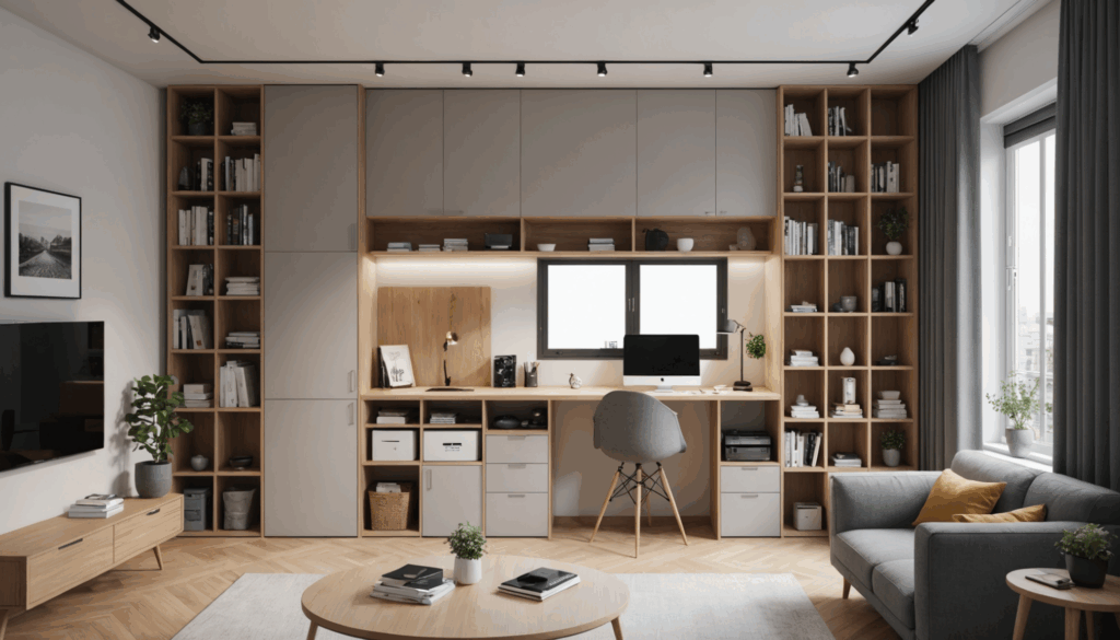 賃貸のコージーな部屋の写真。限られたスペースを効率的に使い、使いやすい収納グッズが整然と配置されている様子。