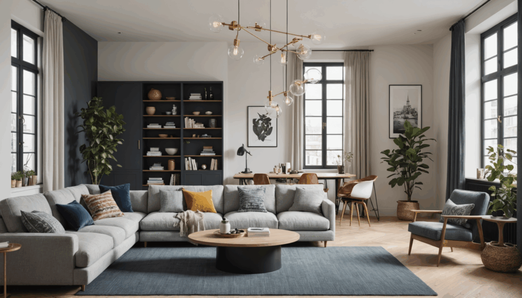 おしゃれな部屋のインテリア写真。モダン、スカンジナビア、ボヘミアンスタイルが調和し、色やテイストの統一感があり、収納や照明も工夫された居心地の良い空間。