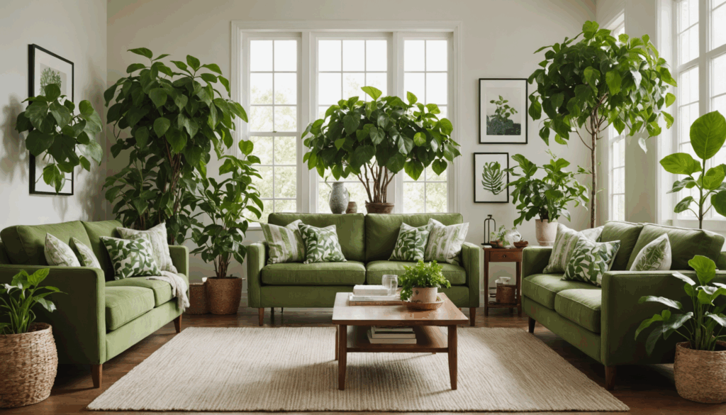 観葉植物が豊かに配置されたリビングの写真。パキラやハートアイビーの緑の葉が、落ち着いた雰囲気を演出しています。