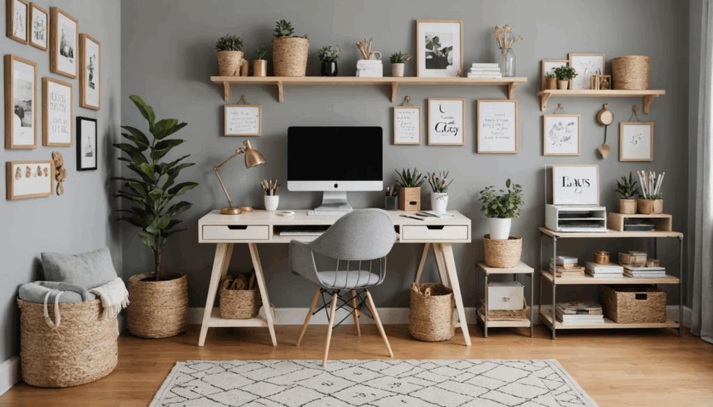 シンプルな収納アイデアとDIY工具を使った、居心地の良いスタイリッシュな作業スペースの写真。初心者にもおすすめの100均材料を活用した簡単な作り方を紹介