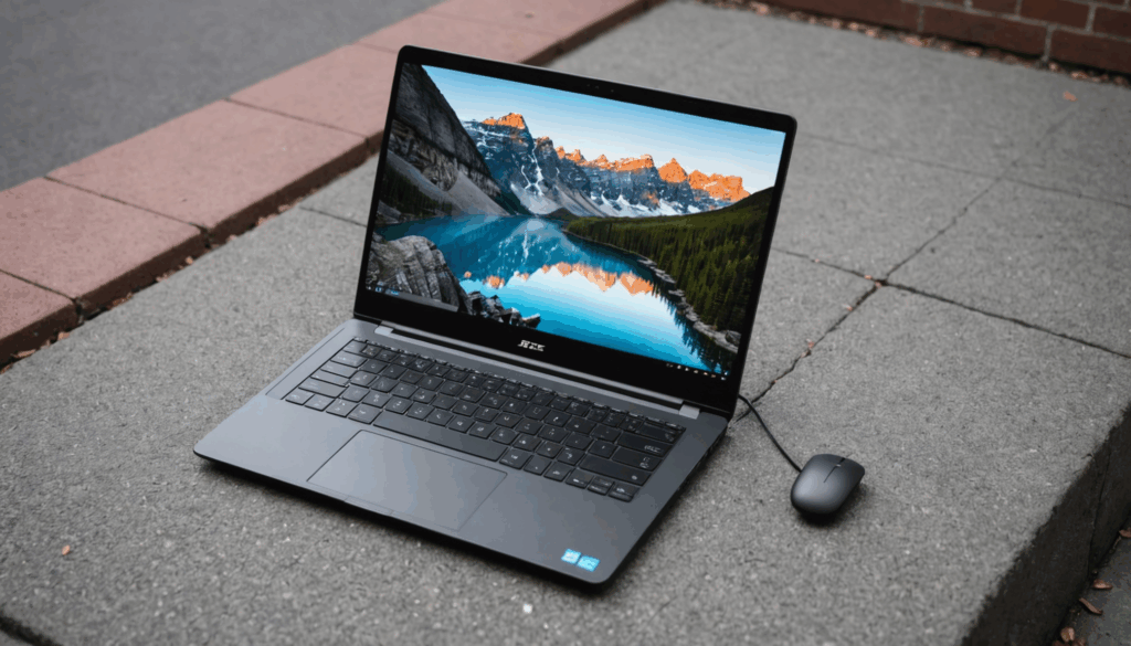 1.5kg未満の軽量ノートパソコンがスタイリッシュな都市の背景でポータブル性を強調している様子。高性能なスペックやデザインが際立っています。